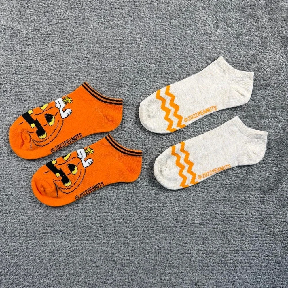 Peanuts Snoopy Halloween Ankle Socks 2 Pack Orange Zigzag Pumpkin Womens